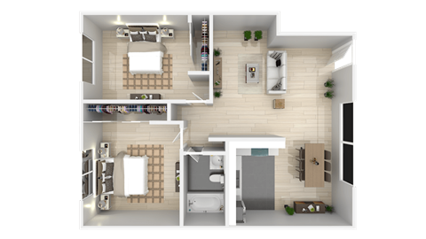 a rendering of a 1 bedroom floor plan with a bathroom and a living roomat The Arches Apartments, LLC, El Cajon, CA 92021
